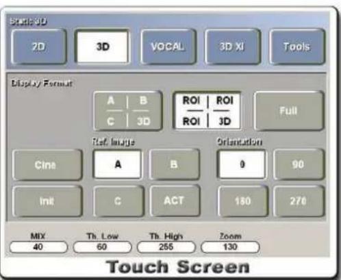 Static 3D 2D 3D VOCAL 3D XI Tools Display Format A B ROI ROI Full C C 3D ROI 3D Ref. Image Orientation Cine A B 0 90 Init C ACT 180 270 MIX Th. Low Th. High Zoom 40 60 255 130 Touch Screen