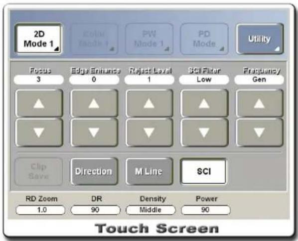 2D Mode 1 Color Mode 1 PW Mode 1 PD Mode Utility Focus 3 Edge Enhance 0 Rajast Level 1 SCI Filter Low Frequency Gen Clip Save Direction M Line SCI RD Zoom DR Density Middle Power 1.0 90 90 Touch Screen