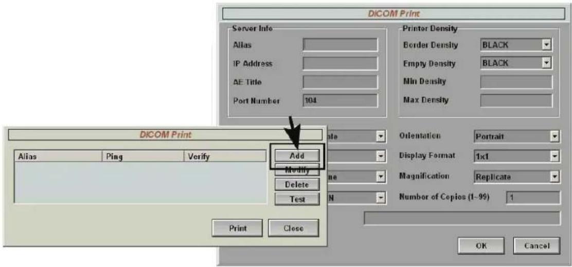 DICOM Print Server Info Alias IP Address AE Title Port Number 104 Printer Density Border Density BLACK Empty Density BLACK Min Density Max Density DICOM Print Alias Ping Verify Add Modify Delete Test Print Close Orientation Portrait Display Format 1x1 Magnification Replicate Number of Copies (1-99) 1 OK Cancel