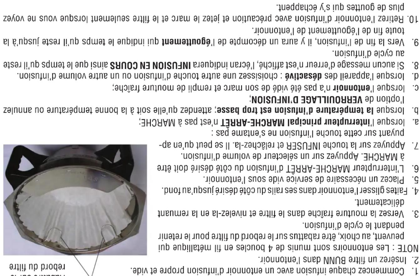 1. Commencez chaque infusion avec un entonnoir d'infusion propre et vide. 2. Inserez un fitre BUNN dans l'entonnoir. NOTE : Les entonnoirs sont mûni de 4 boucles en fit métallique gui puvent, au choix, étre rabattus sur le rebord du fitre pour le retenir pendant le cycle d'infusion. 4. Faites glisse…