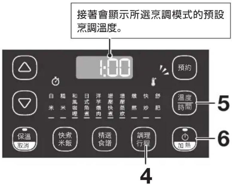 接著會顯示所選烹調模式的預設烹調溫度。 1:00 預約 白 米 穩 米 和風咖哩 日式角煮 洋芋燉肉 增壓快煮 增壓蒸炊 燉熬 快炒 舒肥 溫度 時間 5 6 4 保溫 取消 快煮 米飯 精選 食譜 調理 行程 加熱