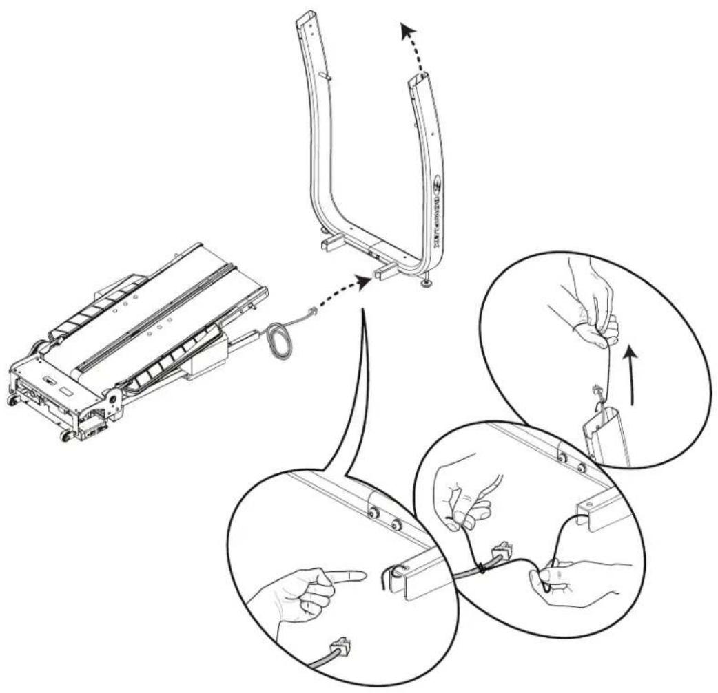 Technical diagram illustrating a mechanical assembly with three steps: pinning, connecting rod, and cable connection.