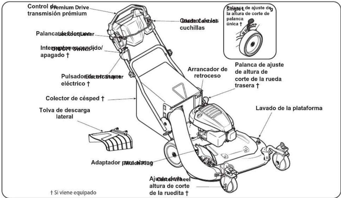 Control de Premium Drive transmisión prémium Palanca de ájuste de la altura de corte de palanca única † Pulsador electricator eléctrico † Colector de césped † Tolva de descarga lateral Adaptador pluvad ring Ajuste de la altura de corte de la ruedita † Lavado de la plataforma Balanca de ajuste de alta de corte de la rueda trasera † Condecleras cuchillas Arrancador de retroceso Balanca de ájuste de alta de corte de la rueda trasera † Ajuste de la altura de corte de la ruedita † † Si viene equipado