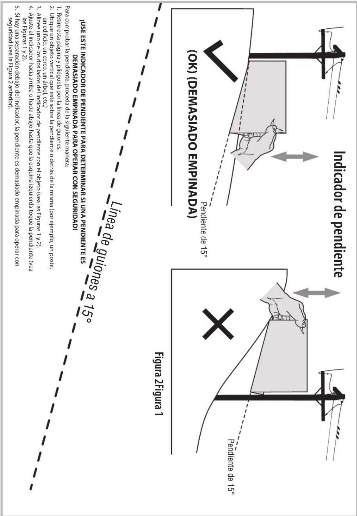 LINEA de guiones a 15° Fingura 2 Figura 1 Pendiente de 15° (OK) (Demaslado EMPINADA) Pendiente de 15° Indicador de pendiente USE ESTE INDICADOR DE PENDIENTE PARA DETERMINAR SI UNA PENDIENTE ES DEMASADO EMPINADA PARA OPERAR CON SEURIDAD Para comparar la pendiente proceda de la siguiente manera: un edificio, un cecco, un abrol, etc. 3. Alinee uno de los dos labos del indicador de pendiente con el objeto (vea las figuras 1 y 2). 4. Ajuste el indicador hacia arriba o hacia abajo hasta que la esquina izquierda togue la pendiente (vea segurdad (vea la Figura 2 anterio). 5. Si hay una separación debajo del indicador, la pendiente es demaslado empinada para oper con segurdad (vea la Figura 2 anterio). 2. Ubique un objeto vertical gue este sobre la pendiente o detras de la misima (por ejemplo, un poste, 3. Altine uno de los dos labos del indicador de pendiente con el objeto (vea las figuras 1 y 2). 4. Ajuste el indicador hacia arriba o hacia abajo hasta que la esquina izquierda togue la pendiente (vea segurdad (vea la Figura 2 anterio). 1. Retire esta pagirna y plieguela por la línea de guiones. Pará com proportion la pendiente, proceda de la siguiente manera: un edificio, un cecco, un abrol, etc.