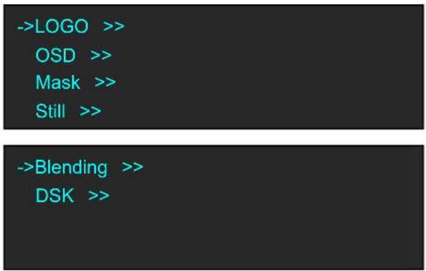 Terminal output showing two command-line commands: ->LOGO >> and ->Blending >> with associated OSD, Mask, and Still options.