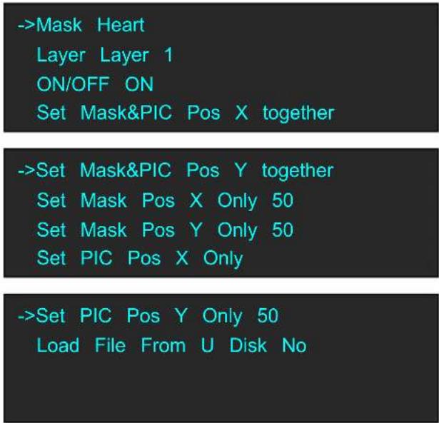 Technical configuration options for a CAD or 3D modeling tool, listing Mask & PIC settings with X/Y/0/1/2/3 modes and load file path.