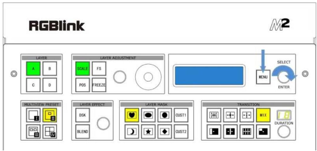 RGBlink M2 LAYER A B C D LAYER ADJUSTMENT SCALE FS POS FREEZE SELECT MENU ENTER MULTIVIEW PRESET D1 F III IV LAYER EFFECT DSK BLEND LAYER MASK CUST1 CUST2 TRANSITION MIX DURATION