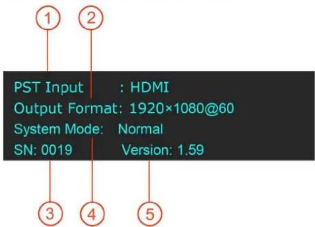 PST Input : HDMI Output Format: 1920×1080@60 System Mode: Normal SN: 0019 Version: 1.59