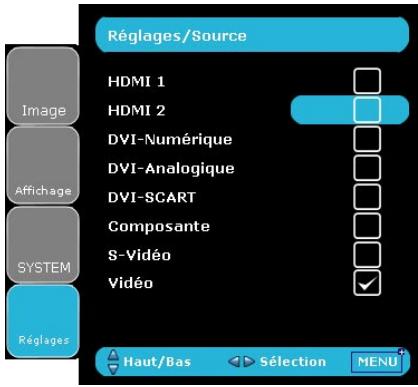 Réglages/Source HDMI 1 HDMI 2 DVI-Numérique DVI-Analogique DVI-SCART Composante S-Veréo Vidéo Réglages Haut/Bas Sélection MENU