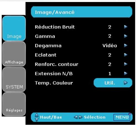 Image/Avancé Réduction Bruit 2 Gamma 2 Degamma Vidéo Eclatant 2 Renforc. contour 2 Extension N/B 1 Temp. Couleur Util. Haut/Bas Sélection MENU