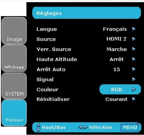 Réglages Langue Français Source HDMI 2 Verr. Source Marche Haute Altitude Arrêt Arrêt Auto 15 Signal Couleur RGB Réinitialiser Courant Réglages Haut/Bas Sélection MENU