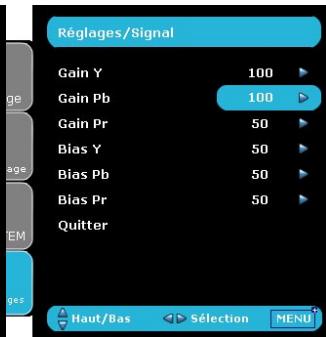 Réglages/Signal Gain Y 100 Gain Pb 100 Gain Pr 50 Bias Y 50 Bias Pb 50 Bias Pr 50 Quitter Haut/Bas Sélection MENU