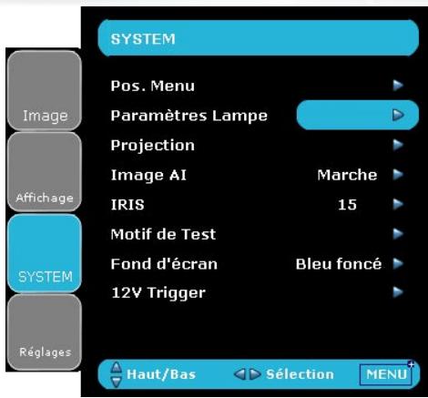 SYSTEM Pos. Menu Paramètres Lampe Projection Image AI Marche IRIS 15 Motif de Test Fond d'écran Bleu foncé 12V Trigger System Réglages Haut/Bas Sélection MENU