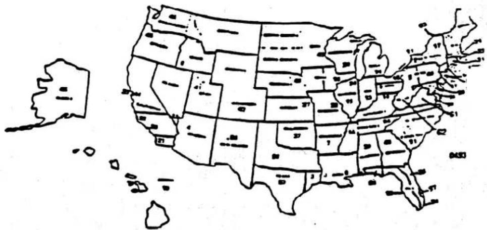 Hand-drawn map of the United States with labeled states and regions, including Utah, Colorado, and Wyoming.