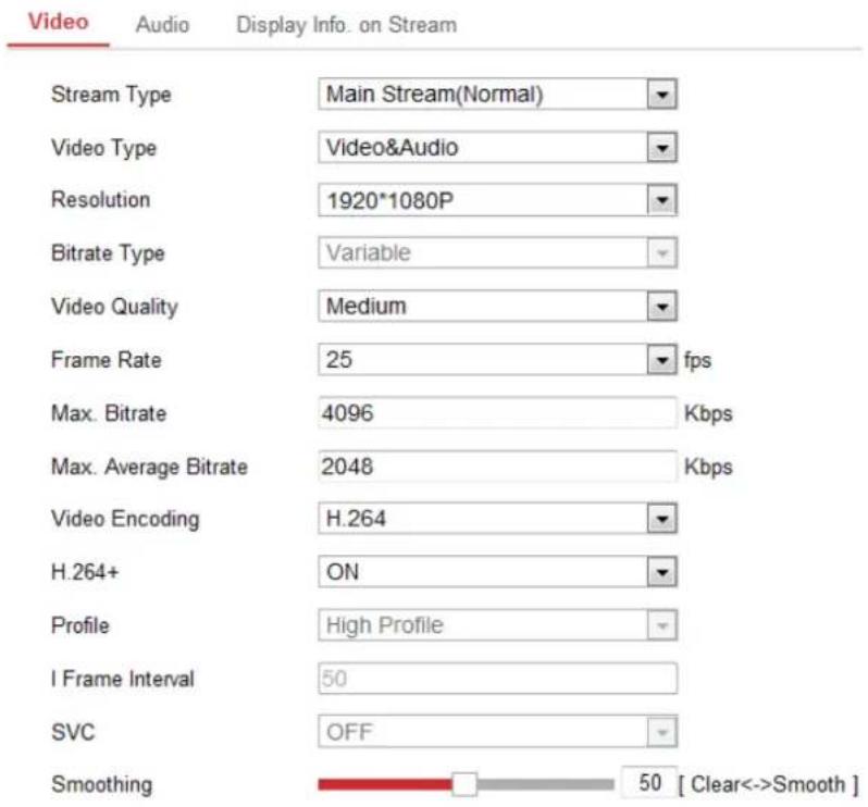Video Audio Display Info. on Stream Stream Type Main Stream(Normal) Video Type Video&Audio Resolution 1920*1080P Bitrate Type Variable Video Quality Medium Frame Rate 25 fps Max. Bitrate 4096 Kbps Max. Average Bitrate 2048 Kbps Video Encoding H.264 H.264+ ON Profile High Profile I Frame Interval 50 SVC OFF Smoothing 50 [ Clear<->Smooth ]