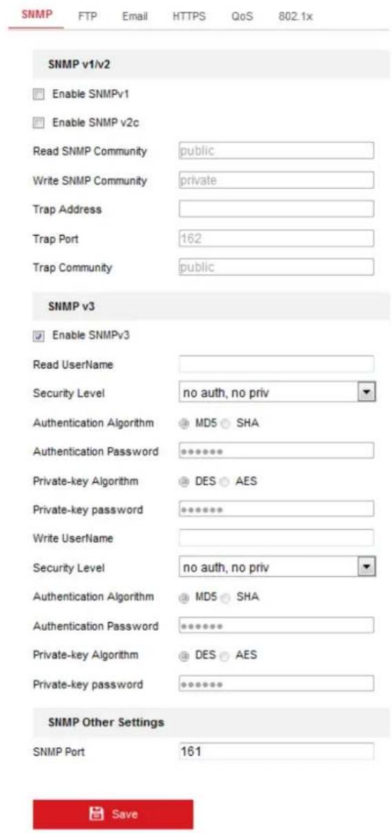 SNMP v1/v2 Enable SNMPv1 Enable SNMP v2c Read SNMP Community public Write SNMP Community private Trap Address Trap Port 162 Trap Community public SNMP v3 Enable SNMPv3 Read UserName Security Level=no auth, no priv Authentication Algorithm MD5 SHA Authentication Password ****** Private-key Algorithm DES AES Private-key password ****** Write UserName Security Level=no auth, no priv Authentication Algorithm MD5 SHA Authentication Password ****** Private-key Algorithm DES AES Private-key password ****** SNMP Other Settings SNMP Port 161