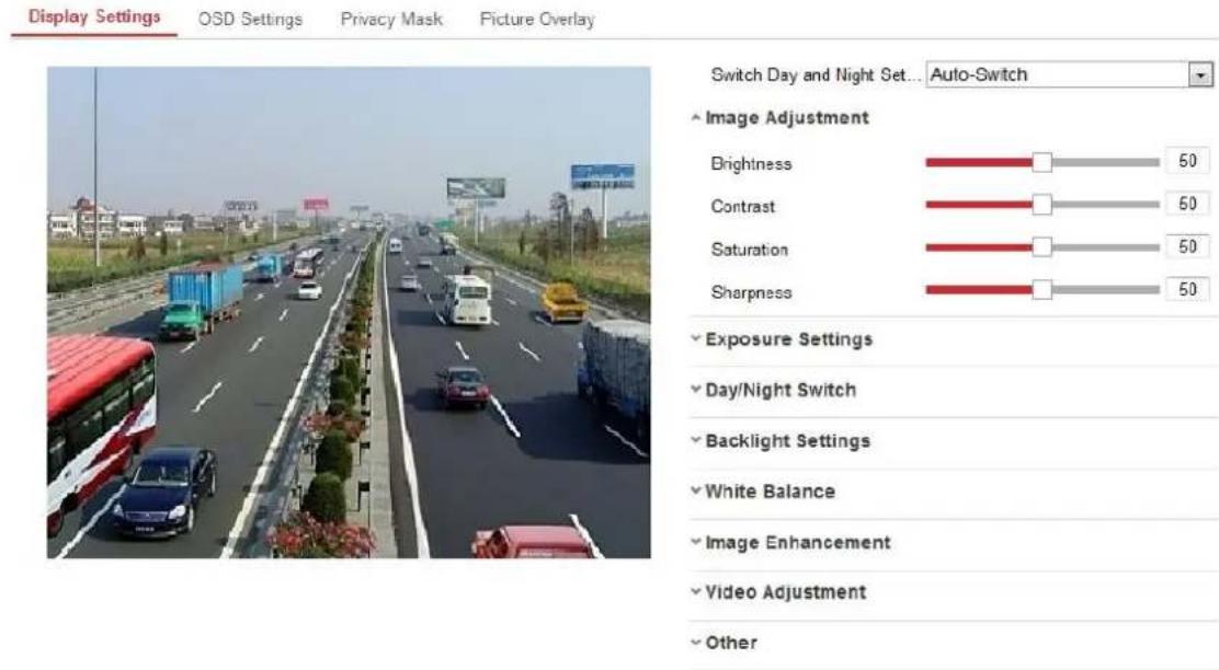 Display Settings OSD Settings Privacy Mask Picture Overlay Switch Day and Night Set... Auto-Switch Image Adjustment Brightness 50 Contrast 50 Saturation 50 Sharpness 50 Exposure Settings Day/Night Switch Backlight Settings White Balance Image Enhancement Video Adjustment Other