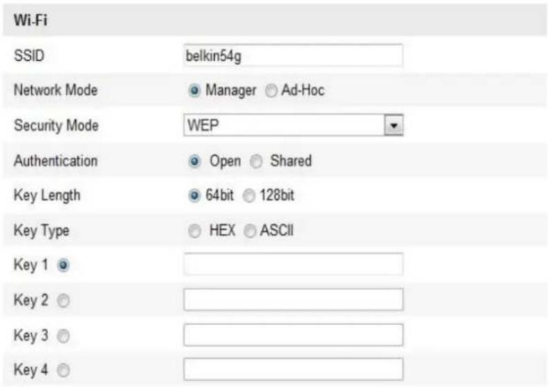 Wi-Fi SSID belkin54g Network Mode Manager Ad-Hoc Security Mode WEP Authentication Open Shared Key Length 64bit 128bit Key Type HEX ASCII Key 1 Key 2 Key 3 Key 4