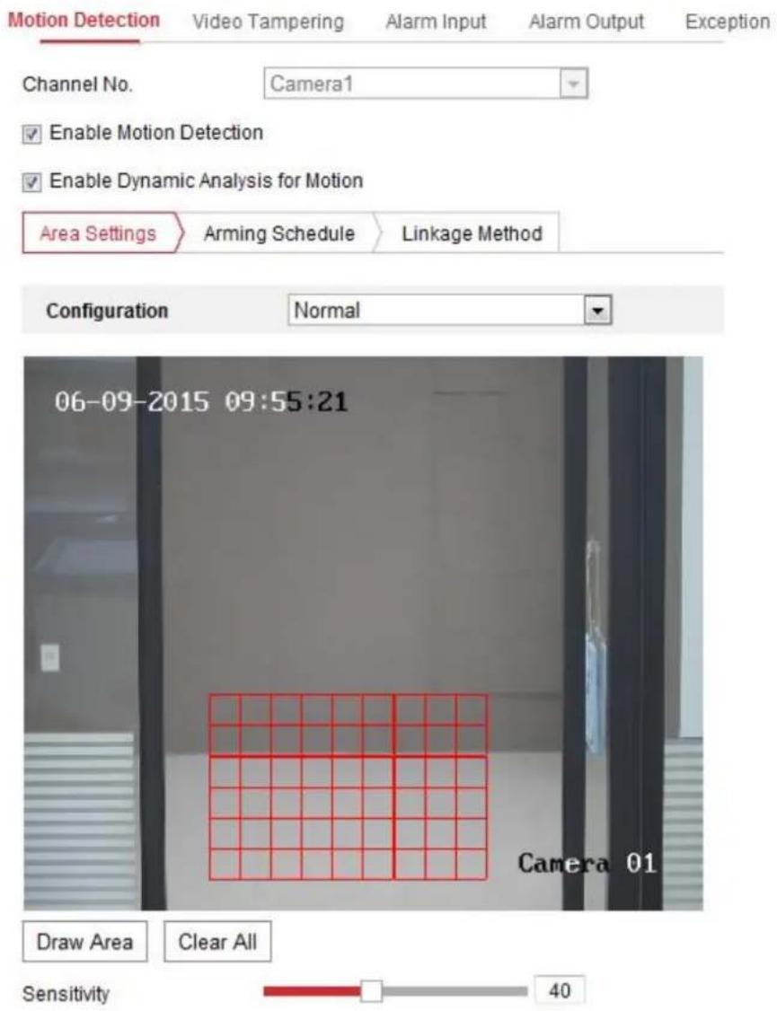 Motion Detection Video Tampering Alarm Input Alarm Output Exception Channel No. Camera1 Enable Motion Detection Enable Dynamic Analysis for Motion Area Settings Arming Schedule Linkage Method Configuration Normal 06-09-2015 09:55:21 Draw Area Clear All Sensitivity 40
