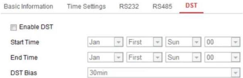 Basic Information Time Settings RS232 RS485 DST Enable DST Start Time Jan First Sun 00 End Time Jan First Sun 00 DST Bias 30min