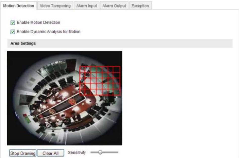 Motion Detection Video Tampering Alarm Input Alarm Output Exception Enable Motion Detection Enable Dynamic Analysis for Motion Area Settings Stop Drawing Clear All Sensitivity