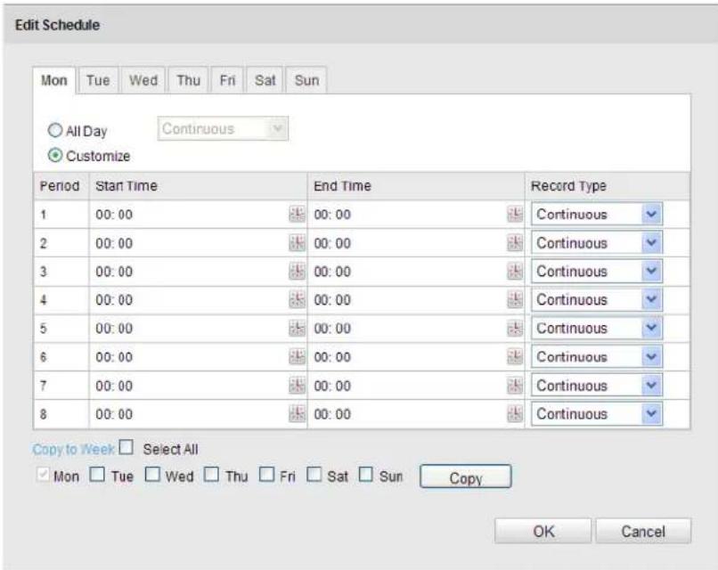 Edit Schedule Mon Tue Wed Thu Fri Sat Sun All Day Continuous Customize Period Start Time End Time Record Type 1 00:00 00:00 Continuous 2 00:00 00:00 Continuous 3 00:00 00:00 Continuous 4 00:00 00:00 Continuous 5 00:00 00:00 Continuous 6 00:00 00:00 Continuous 7 00:00 00:00 Continuous 8 00:00 00:00 Continuous Copy to Week □ Select All Mon □ Tue □ Wed □ Thu □ Fri □ Sat □ Sun Copy OK Cancel