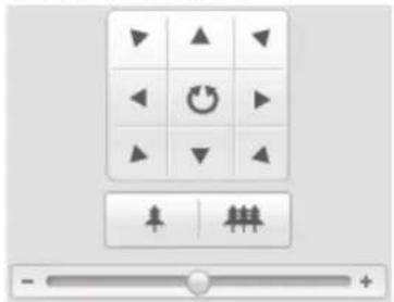 User interface panel with directional icons and a play button, showing navigation and playback controls