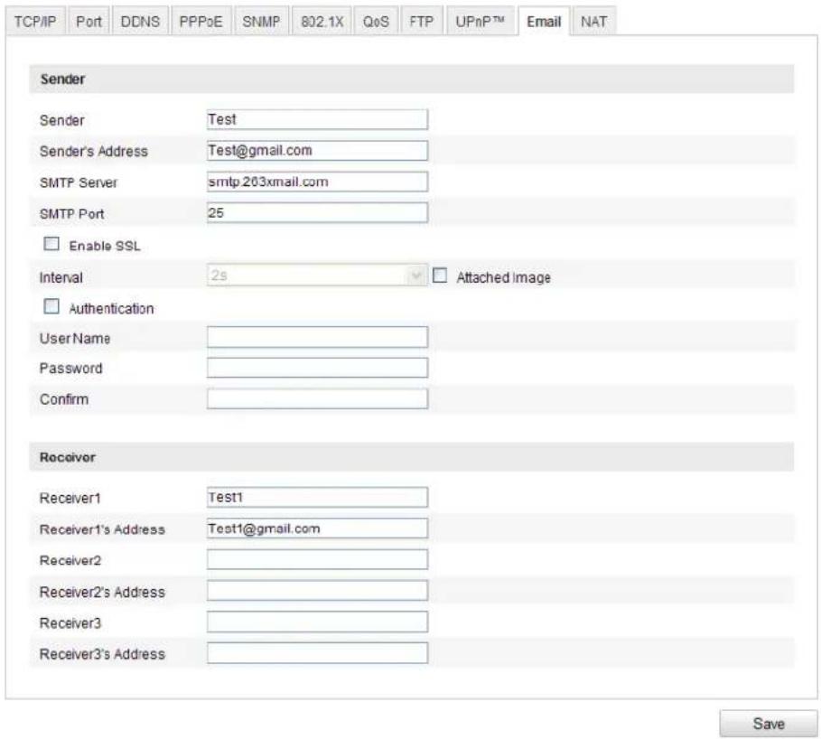 TCP/IP Port DDNS PPPoE SNMP 802.1X QoS FTP UPnP™ Email NAT Sender Sender Test Sender's Address Test@gmail.com SMTP Server smtp.263xmail.com SMTP Port 25 Enable SSL Interval 2s Attached Image Authentication UserName Password Confirm Receiver Receiver1 Test1 Receiver1's Address Test1@gmail.com Receiver2 Receiver2's Address Receiver3 Receiver3's Address Save