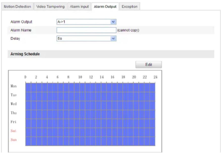 Motion Detection Video Tampering Alarm Input Alarm Output Exception Alarm Output A->1 Alarm Name (cannot copy) Delay 5s Arming Schedule Edit Mon Tue Wed Thu Fri Sat Sun