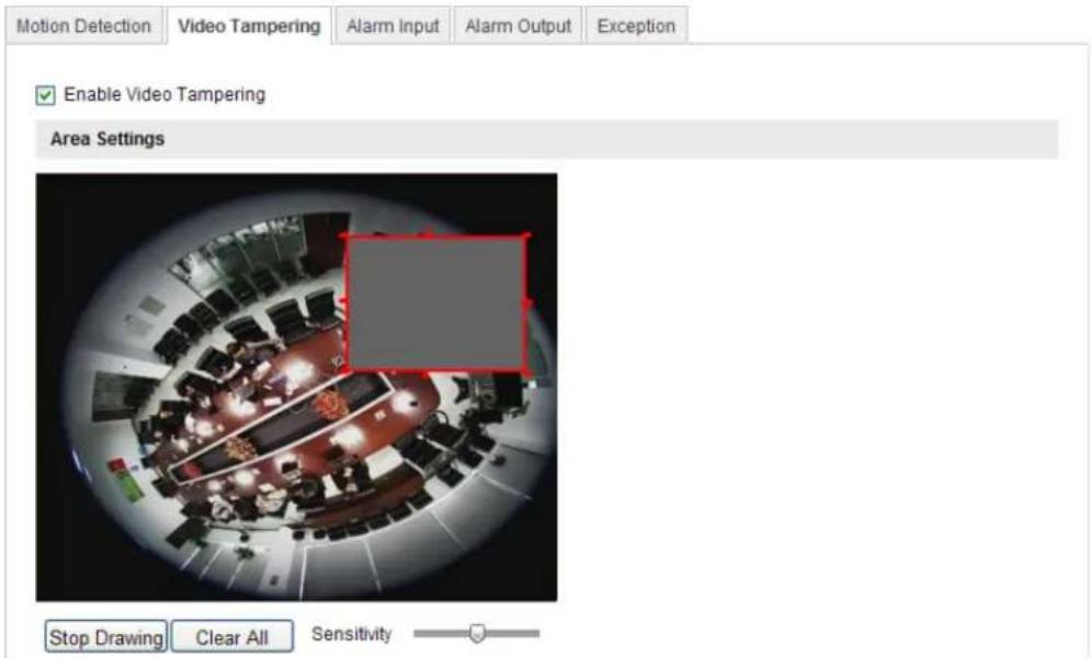 Motion Detection Video Tampering Alarm Input Alarm Output Exception Enable Video Tampering Area Settings Stop Drawing Clear All Sensitivity