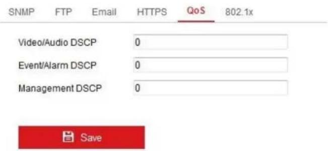 SNMP FTP Email HTTPS QoS 802.1x Video/Audio DSCP 0 Event/Alarm DSCP 0 Management DSCP 0 Save