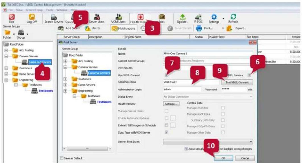 Sst LOGIC Inc - VIGIL Central Management - [Health Monitor] File View Server Group Tool Window Help Exit Log Off Search Servers Server Server Users VCM Users Health Manager Updates V-POS Settings Refresh Server Groups Add Servers Alerts Server Details Print... Export... Folder Group Server Group Description IP/DNS Name Status In Alert Since Site Name Version Root Folder ACL Testing Camera Servers Customers Demo Servers Engineering Testboxes Testboxes Add Server Server Group Server Group Root Folder ACL Testing Camera Servers Customers Demo Servers Engineering Testboxes Testboxes Detail Name: All-in-One Camera 1 Current Server Group: Testboxes\TestBoxes VCM Site ID: Use VIGIL Connect Serial No /Alias VIGIL Test1 Text VIGIL Connect Administrator Login: admin Password: ****备注 Disup Entry: No Disup Connection Health Monitor Manage Server Users Enable Automatic Updates Extract Still Images on Schedule Sync Time with VCM Server Central Data Manage Analyzer Manage Audit Data Summary Data Only Manage POS/ATHData Manage Other Data Server Time Zone: Automatically for daylight saving changes Save as Default OK Cancel