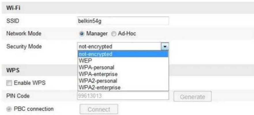 Wi-Fi SSID belkin54g Network Mode Manager Ad-Hoc Security Mode not-encrypted not-encrypted WEP WPS Enable WPS WPA-personal WPA-enterprise WPA2-personal WPA2-enterprise PIN Code 99613013 Generate PBC connection Connect