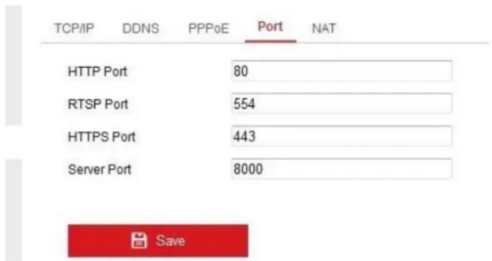TCP/IP DDNS PPPoE Port NAT HTTP Port 80 RTSP Port 554 HTTPS Port 443 Server Port 8000 Save