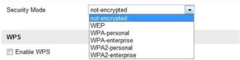 Security Mode not-encrypted not-encrypted WEP WPA-personal WPA-enterprise WPA2-personal WPA2-enterprise Enable WPS