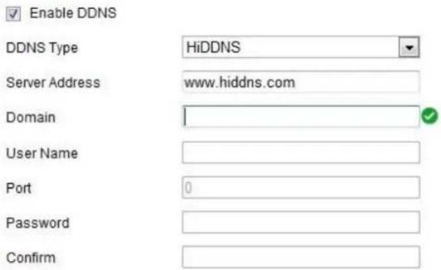 Enable DDNS DDNS Type HiDDNS Server Address www.hiddns.com Domain User Name Port 0 Password Confirm
