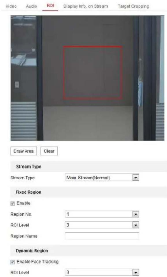 Video Audio ROI Display Info. on Stream Target Cropping Draw Area Clear Stream Type Stream Type Main Stream(Normal) Fixed Region Enable Region No. 1 ROI Level 3 Region Name Dynamic Region Enable Face Tracking ROI Level 3