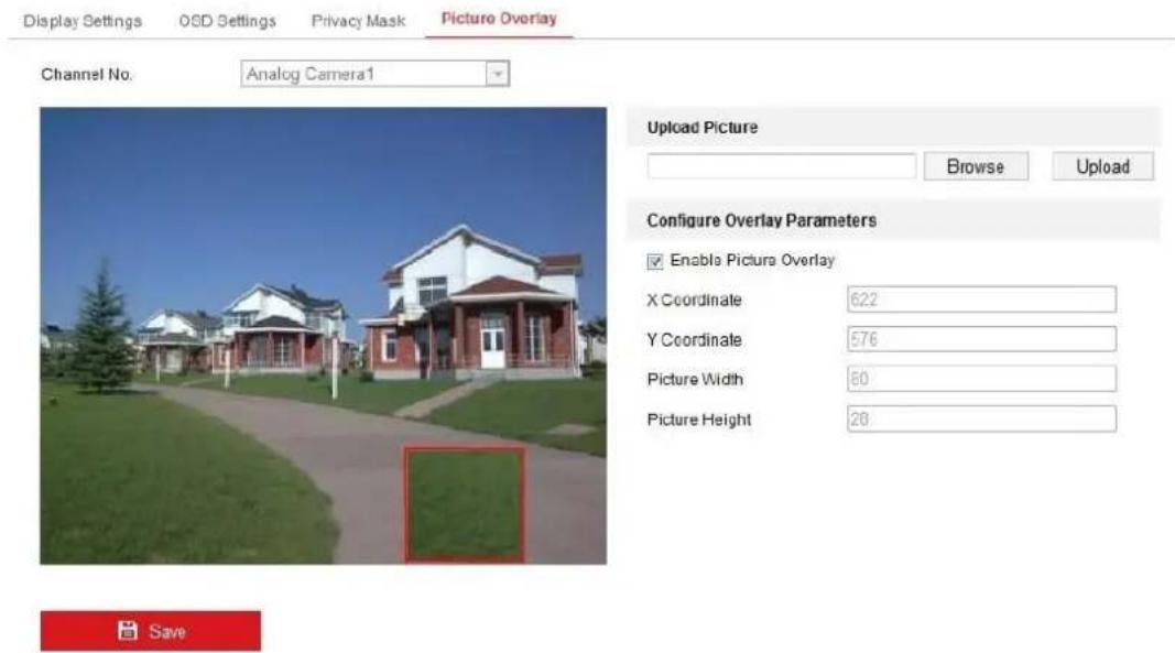Display Settings OSD Settings Privacy Mask Picture Overlay Channel No: Analog Camera1 Upload Picture Browse Upload Configure Overlay Parameters Enable Picture Overlay X Coordinate 622 Y Coordinate 576 Picture Width 60 Picture Height 20 Save