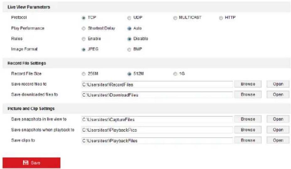 Live View Parameters Protocol TCP UDP MULTICAST HTTP Play Performance Shortest Delay Auto Rules Enable Disable Image Format JPEG BMP Record File Settings Record File Size 256M 512M 1G Save record files to C:\Users\test\RecordFiles Browse Open Save downloaded files to C:\Users\test\DownloadFiles Browse Open Picture and Clip Settings Save snapshots in live view to C:\Users\test\CaptureFiles Browse Open Save snapshots when playback to C:\Users\test\PlaybackPics Browse Open Save clips to C:\Users\test\PlaybackFiles Browse Open Save