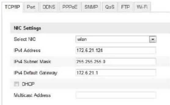 TCP/IP Port DDNS PPPoE SNMP QoS FTP Wi-Fi NIC Settings Select NIC wlan IPv4 Address 172.6.21.124 IPv4 Subnet Mask 255.255.255.0 IPv4 Default Gateway 172.6.21.1 □ DHCP Multicast Address