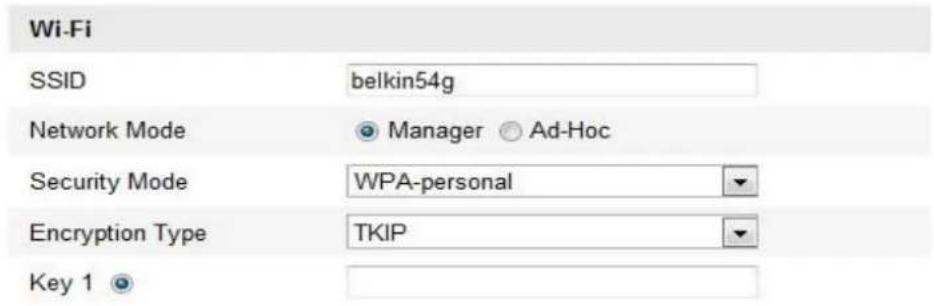 Wi-Fi SSID belkin54g Network Mode Manager Ad-Hoc Security Mode WPA-personal Encryption Type TKIP Key 1