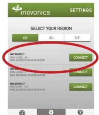 INOVONICS SETTINGS SELECT YOUR REGION US AU NZ IWC DEVICE 1 IWC LEVEL: AU MAC ADDRESS: BLAD/SMR/BSN CONNECT IWC DEVICE 2 IWC LEVEL: MAC ADDRESS: BLAD/SMR/BSN CONNECT IWC DEVICE 3 IWC LEVEL: AU MAC ADDRESS: BLAD/SMR/BSN CONNECT
