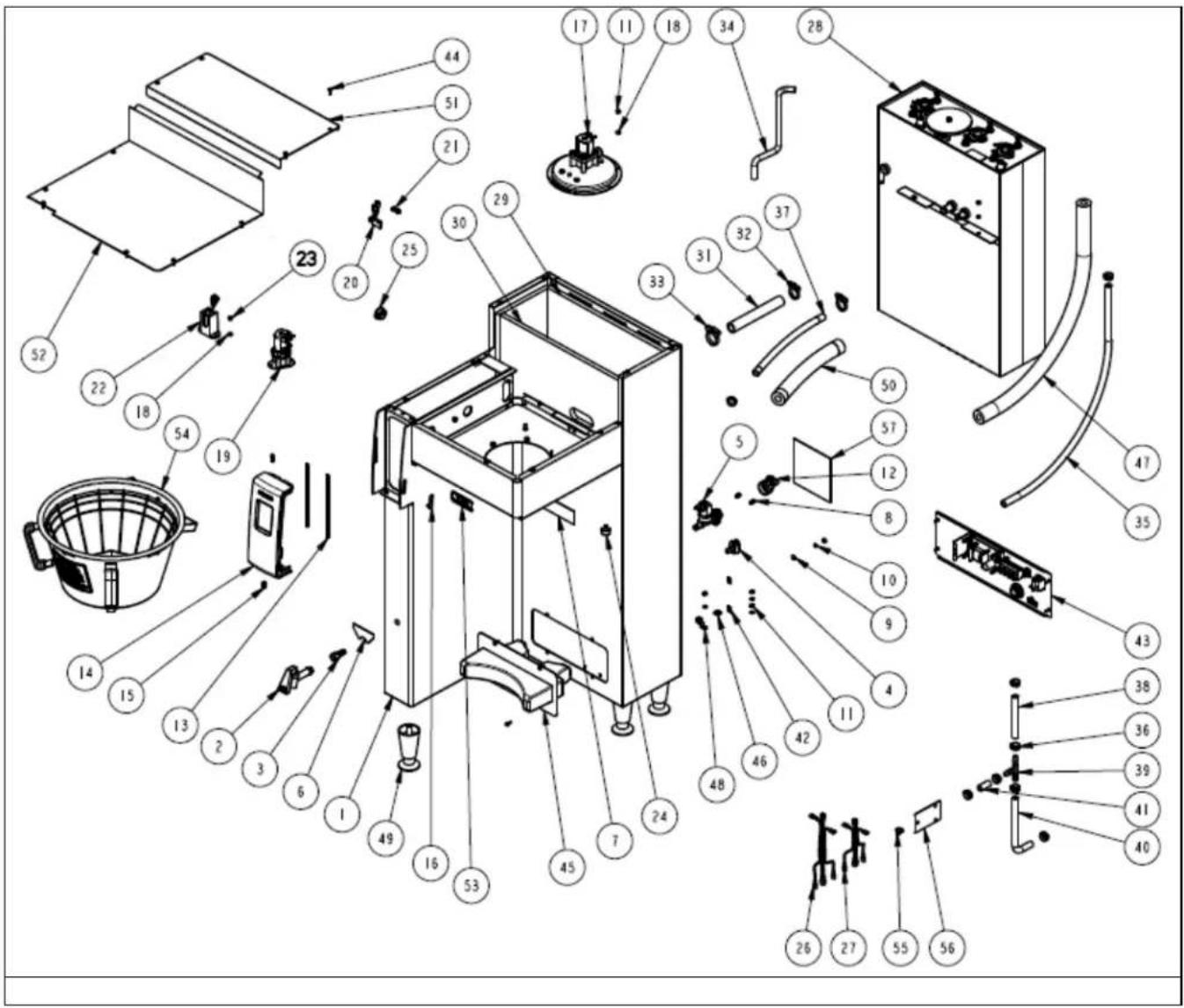 Exploded view diagram of a washing machine with numbered parts for identification