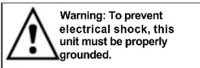 Warning: To prevent electrical shock, this unit must be properly grounded.