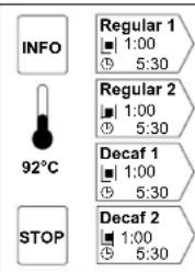 INFO 92°C STOP Regular 1 ■ 1:00 ⊕ 5:30 Regular 2 ■ 1:00 ⊕ 5:30 Decaf 1 ■ 1:00 ⊕ 5:30 Decaf 2 ■ 1:00 ⊕ 5:30