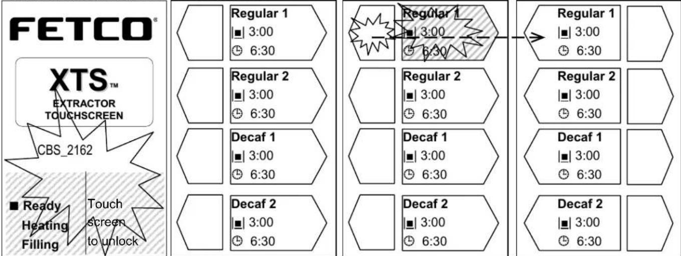 FETCO® XTS™ EXTRACTOR TOUCHSCREEN CBS_2162 ■ Ready Heating Filling Touch screen to unlock Regular 1 ■ 3:00 6:30 Regular 2 ■ 3:00 6:30 Decaf 1 ■ 3:00 6:30 Decaf 2 ■ 3:00 6:30 Regular 1 ■ 3:00 6:30 Regular 2 ■ 3:00 6:30 Decaf 1 ■ 3:00 6:30 Decaf 2 ■ 3:00 6:30 Regular 1 ■ 3:00 6:30 Regular 2 ■ 3:00 6:30 Decaf 1 ■ 3:00 6:30 Decaf 2 ■ 3:00 6:30 Decaf 2 ■ 3:00 6:30