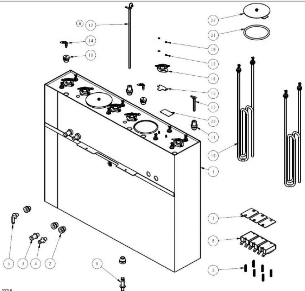Exploded view diagram of a battery with numbered parts and labeled connectors