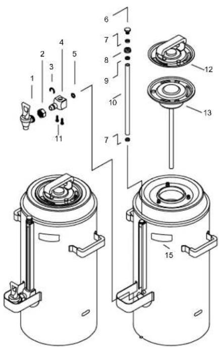 Technical diagram of a mechanical device with numbered components and exploded view, showing internal components like gears and housing.