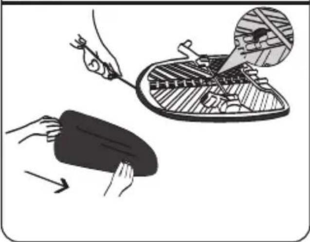 Illustration showing a person cutting a dark object into a griddle with a magnified inset of the blade (no text or symbols)