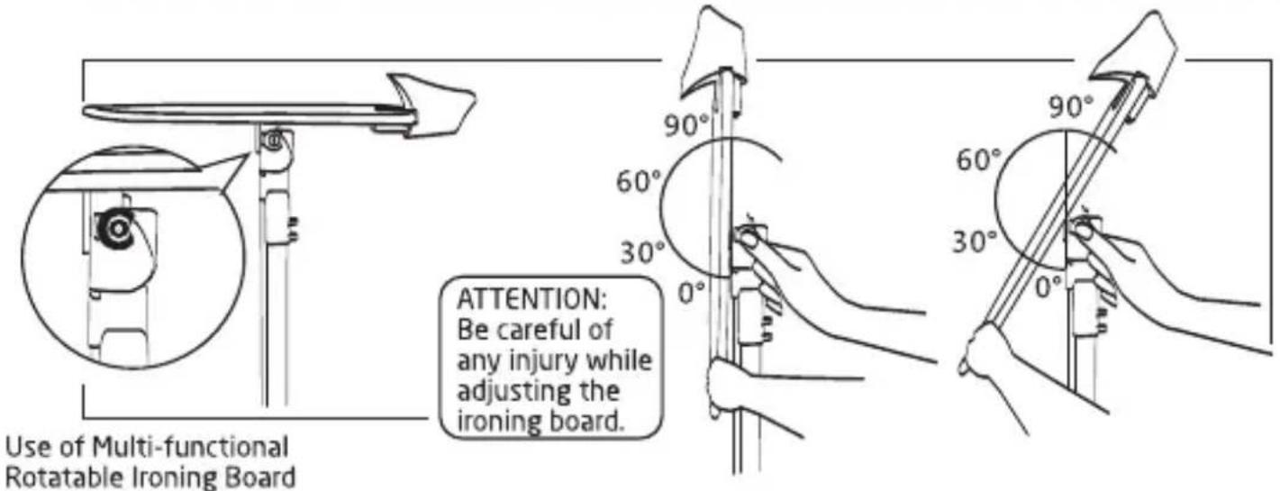Use of Multi-functional Rotatable Ironing Board ATTENTION: Be careful of any injury while adjusting the ironing board.